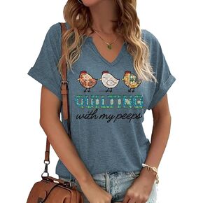 Women's Fun Chicken Print V-Neck T-Shirt Summer Short Sleeve Cute Animal Pattern Tees Tops