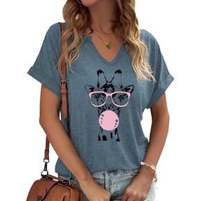 Women's Fun Chicken Print V-Neck T-Shirt Summer Short Sleeve Cute Animal Pattern Tees Tops