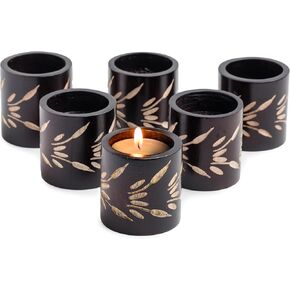 مجموعة من 6 حوامل شموع صغيرة للديكور - حوامل شموع نذرية خشبية منحوتة يدويًا للطاولة - زخارف طاولة مركزية للزفاف - حوامل شموع صغيرة مزخرفة - حاملات شموع عتيقة in Kuwait