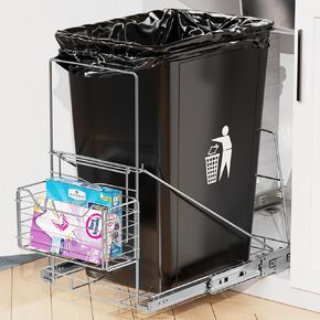 Pull Out Trash Can Holder Under Cabinet, Under Sink Trash Can Shelf Pull Out for 7-11 Gallon Cans, with Removable Basket (Can Not Included)