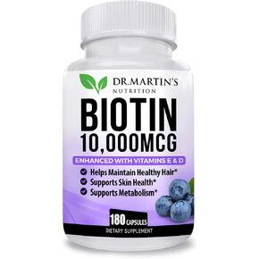 Potent Biotin 10000 mcg Enhanced with Vitamin D & E | 180 Count | Hair Growth Support Supplement | Supports Healthy Skin & Strong Nails | Energy Support | Vitamin B7, D & E | For Men & Women