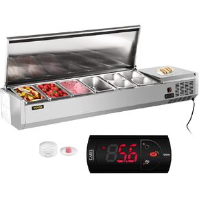 محطة إعداد البهارات المبردة VEVOR، 60 بوصة، طاولة إعداد الساندويتش/السلطة 16.8Qt مع 4 1/3 مقالي و4 1/6 مقالي، بار سلطة 150 وات مع جسم غير قابل للصدأ 304 وغطاء لضبط درجة الحرارة بنقرة واحدة in Saudi Arabia