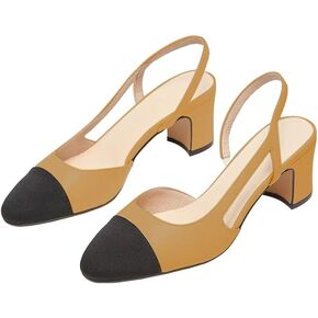 JANSEVEN Slingback Shoes For Women Heels Chunky Pumps Block Heel Two Straps Heeled Sandals Almond Cap Toe Pump Splicing Two Tone Dress Office Shoes