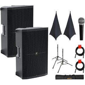 Mackie Thump215 1400W 15" Powered PA Loudspeaker System (Pair) Bundle with 2X On-Stage SSA100 Stand Skirt, Auray SS-47S-PB Steel Speaker Stands and Carrying Case, Vocal Mic, and 2X XLR Cable