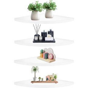 11.6" Fan-Shaped Floating Corner Shelves Set of 4 Corner Wall Shelves Wall Mounted Corner Storage Display Shelving for Bathroom, Bedroom, Living Room, Kitchen, White