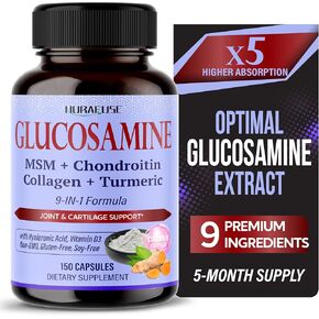 GLUCOSAMINE 9-in-1 Formula - with MSM Chondroitin Collagen Turmeric Hyaluronic Acid Vitamin D3 Non-GMO, Gluten-Free, Soy-Free