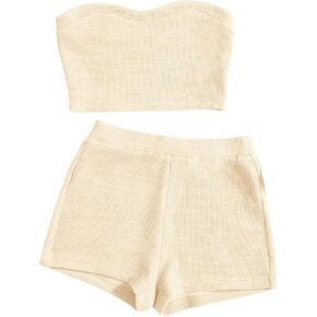 Women's Knitted 2 Piece Outfit Ribbed Crop Top Sleeveless Bandeau Tube Tops and Track Shorts Set