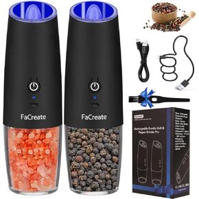 UPGRADED USB RECHARGEABLE Gravity Electric Salt and Pepper Grinder Set,Battery Powered Automatic Operation Salt and Pepper Shakers,LED Light Adjustable Coarseness Mill 2 PACK(BLACK)