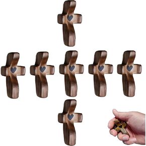 BIGJJIN 7PCS Cross My Hearts, Handheld Wooden Cross,Clinging and Praying, Pocket Olive Wood Cross Religious Encouragement Gift