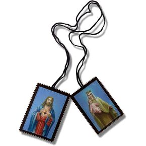 Our Lady of Mt. Carmel and Sacred Heart Jumbo Scapulars Catholic, Brown Scapular Necklace for Men and Women with Scalloped Edges, 3.25 Inch Panels