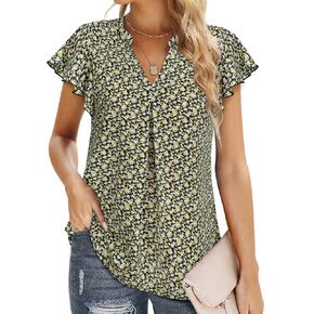 VALOLIA Women's Chiffon Blouse Ruffle V Neck Short Sleeve Summer Shirt Tops