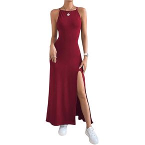 Floerns Women's Solid Sleeveless Criss Cross Tie Back Split High Cami Long Dress