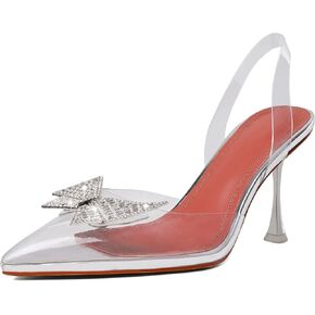AUMOTED Women's Stiletto High Heel Pumps Ladies Clear Heels Pointed Toe Crystal Rhinestones Bow Heels Ankle Strap Bridal Wedding Shoes 3.5 Inch