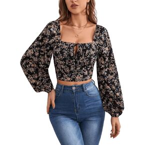 Floerns Women's Floral Print Square Neck Ruffle Long Sleeve Tie Up Back Crop Top Blouse