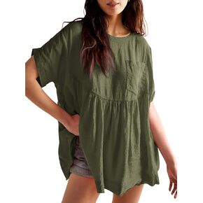 Tankaneo Womens Summer Babydoll Tops Short Sleeve Crew Neck Tunic T Shirts Cute Swing Mini Dress