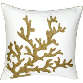 Embroidered Nautical Decor Pillow Cover,Square 18 Inches Decorative Canvas Pillow Cover for Nautical Style Deco by (Wheat-Coral)