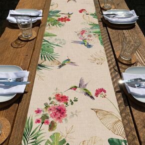 Seliem Summer Tropical Hummingbird Palm Leaf Greenery Table Runner, Spring Birds Home Kitchen Monstera Geranium Flowers Dining Decor, Seasonal Burlap Decorations Anniversary Party Supply 13 x 72 Inch