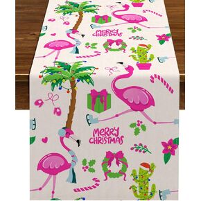 Nepnuser Summer Flamingo Table Runner July Summer Christmas Party Decoration Tropical Palm Tree Home Kitchen Dining Room Decor (13" x 72")