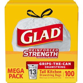 Glad Tall Kitchen Drawstring Trash Bags, 13 Gallon, White, Unscented,100 Count (Package May Vary)