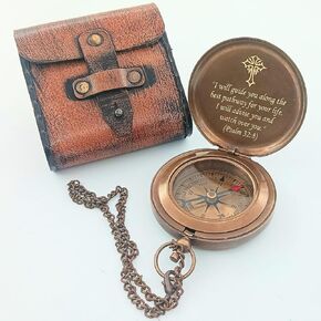 DAYOL'X Psalm 32:8 Engraved Personalized Compass - Baptism Gifts for Boys Girls, First Communion, Christian Gifts for Men, First Confirmation Gifts for Boys - Christian Gifts for Men, Brown Antique