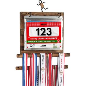 J JACKCUBE DESIGN Wood Marathon Medal and Race Bibs Display Hanger Holder Include Race Bibs 25 Flip Pouches MK503A