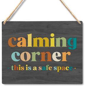 Calming Corner Hanging Wood Sign - Safe Space, Classroom, Office Decor - Boho Style, 10x8 Round Blue