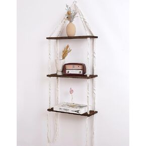 Hanging Shelves Boho Room Decor, 3-Tier Boho Wooden Plant Shelves, Macrame Wall Hanging Storage Shelves, Boho Decor for Apartment, Bathroom, Living Room, Bedroom
