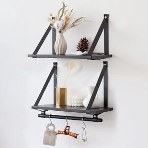 FRIADE Wall Wood Floating Shelves,Multifunctional PU Leather Strap Storage Shelves,storage organizer for Kitchen,Living Room,Bedroom,Study,Set of 2 (Burlywood)