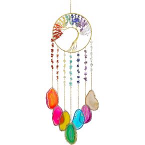 Natural Agate Wind Chimes, Handmade Healing Chakra Gemstone Dream Suncatcher Prism Hanging Ornament for Wall Indoor Outdoor Window Decor (Moon Shape)