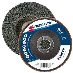 Weiler 50713 5" Tiger Disc Abrasive Flap Disc, Flat (TY27), Phenolic Backing, 40Z, 7/8" Arbor Hole (Pack of 10)