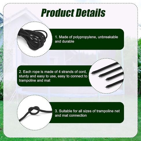 4 قطع من حبال شبكة الترامبولين، 15 قدمًا لكل قطع غيار حبال شبكة ترامبولين سوداء لشبكة السياج، حبال شبكة الترامبولين الآمنة تناسب الترامبولين بطول 12-16 قدمًا in Kuwait