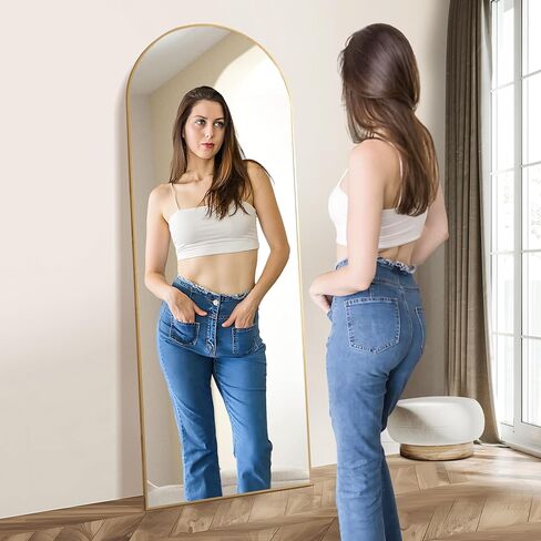 Arched Full Length Mirror, 64"x21" Floor Length Mirror with Metal Frame, Gold Full Body Mirror for Bedroom Living Room, Free Standing or Wall Mounted or Leaning Against Wall Body Mirror in Saudi Arabia