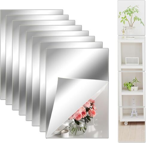 8x6 Inches Self Adhesive Acrylic Mirror Tiles Waterproof Flexible Mirror Wall Stickers Sheets Non Glass Body Mirror for Bathroom Bedroom Living Room Gym Wall Decor (8PCS Mirror) in Saudi Arabia