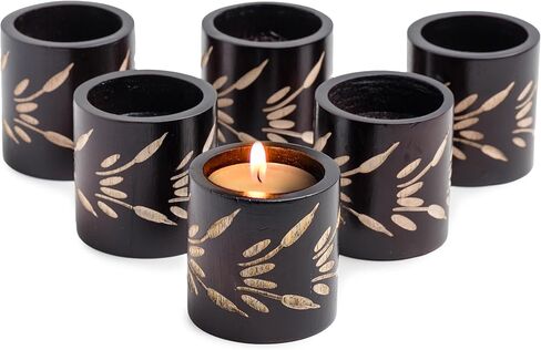 مجموعة من 6 حوامل شموع صغيرة للديكور - حوامل شموع نذرية خشبية منحوتة يدويًا للطاولة - زخارف طاولة مركزية للزفاف - حوامل شموع صغيرة مزخرفة - حاملات شموع عتيقة in Kuwait