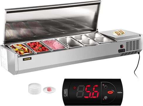 محطة إعداد البهارات المبردة VEVOR، 60 بوصة، طاولة إعداد الساندويتش/السلطة 16.8Qt مع 4 1/3 مقالي و4 1/6 مقالي، بار سلطة 150 وات مع جسم غير قابل للصدأ 304 وغطاء لضبط درجة الحرارة بنقرة واحدة in Saudi Arabia