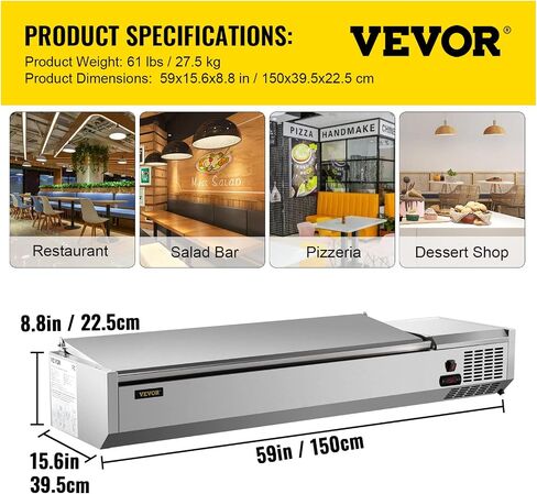 محطة إعداد البهارات المبردة VEVOR، 60 بوصة، طاولة إعداد الساندويتش/السلطة 16.8Qt مع 4 1/3 مقالي و4 1/6 مقالي، بار سلطة 150 وات مع جسم غير قابل للصدأ 304 وغطاء لضبط درجة الحرارة بنقرة واحدة in Saudi Arabia