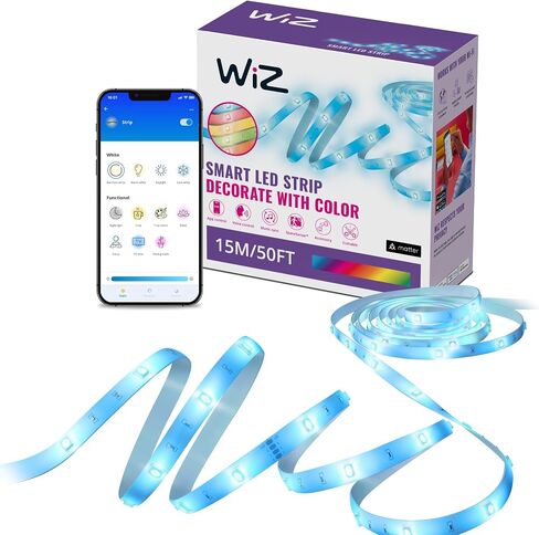 شريط إضاءة WiZ RGB LED - 50 قدمًا مقطوعًا ليناسب، 16 مليون لون + ظلال بيضاء، أوضاع إضاءة محددة مسبقًا، يتصل بشبكة Wi-Fi، والتحكم في الصوت/التطبيق، ويعمل مع Google Home وAlexa وHomeKit in Saudi Arabia