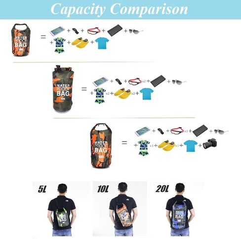 hycoprot حقيبة جافة مقاومة للماء 5l/10l/15l، حقيبة ظهر عائمة مقاومة للماء مع حزام كتف مزدوج واحد حقيبة ظهر مموهة للتجديف والسباحة والقوارب وصيد الأسماك والسفر والتخييم في الهواء الطلق (20 لتر، برتقالي) in Kuwait