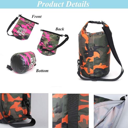 hycoprot حقيبة جافة مقاومة للماء 5l/10l/15l، حقيبة ظهر عائمة مقاومة للماء مع حزام كتف مزدوج واحد حقيبة ظهر مموهة للتجديف والسباحة والقوارب وصيد الأسماك والسفر والتخييم في الهواء الطلق (20 لتر، برتقالي) in Kuwait