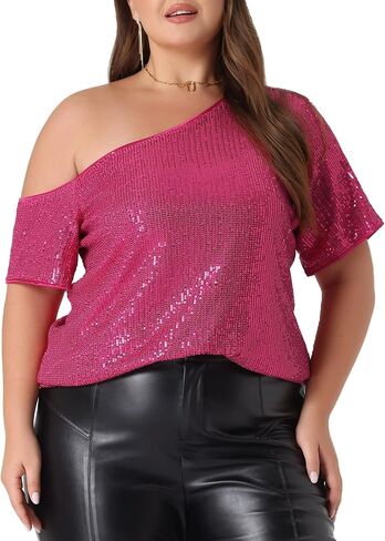 Agnes Orinda Plus Size Tops for Women One Shoulder Short Sleeve Metallic Blouses Party Sequin Tops in Saudi Arabia