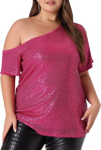 Agnes Orinda Plus Size Tops for Women One Shoulder Short Sleeve Metallic Blouses Party Sequin Tops in Saudi Arabia