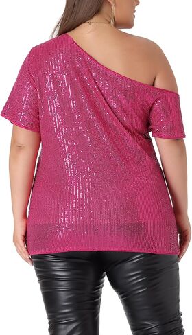 Agnes Orinda Plus Size Tops for Women One Shoulder Short Sleeve Metallic Blouses Party Sequin Tops in Saudi Arabia
