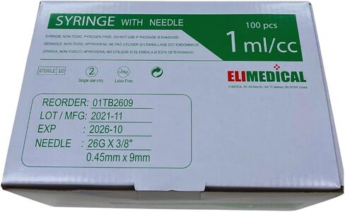 Veterinary Syringe Luer Slip 1cc (1ml) TB, 26G x 3/8 inch (9mm), Individually Sealed, 100 per box, 01TB2609 in Saudi Arabia