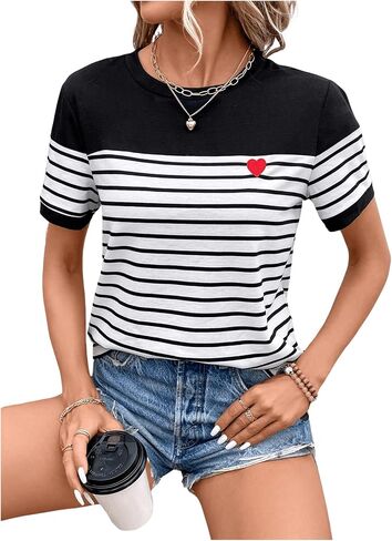 COZYEASE Women's Striped Print Crewneck Short Sleeve Tee Tops Casual Embroidery Solid Summer Tee Shirts in Saudi Arabia