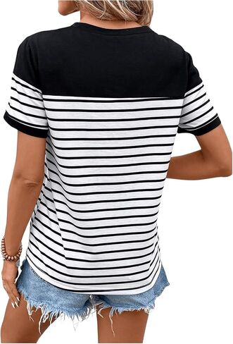 COZYEASE Women's Striped Print Crewneck Short Sleeve Tee Tops Casual Embroidery Solid Summer Tee Shirts in Saudi Arabia