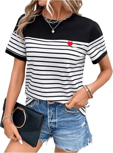 COZYEASE Women's Striped Print Crewneck Short Sleeve Tee Tops Casual Embroidery Solid Summer Tee Shirts in Saudi Arabia
