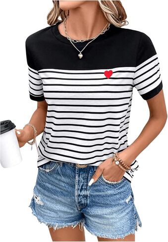 COZYEASE Women's Striped Print Crewneck Short Sleeve Tee Tops Casual Embroidery Solid Summer Tee Shirts in Saudi Arabia