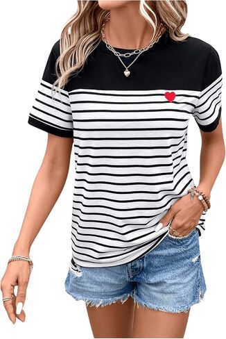 COZYEASE Women's Striped Print Crewneck Short Sleeve Tee Tops Casual Embroidery Solid Summer Tee Shirts in Saudi Arabia