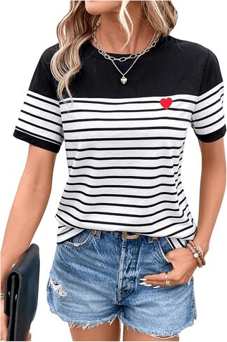 COZYEASE Women's Striped Print Crewneck Short Sleeve Tee Tops Casual Embroidery Solid Summer Tee Shirts in Saudi Arabia