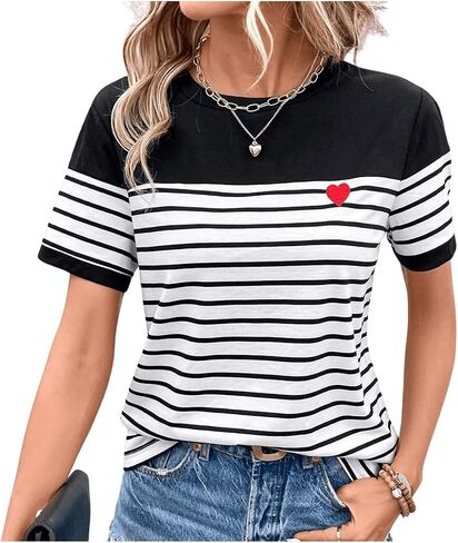 COZYEASE Women's Striped Print Crewneck Short Sleeve Tee Tops Casual Embroidery Solid Summer Tee Shirts in Saudi Arabia